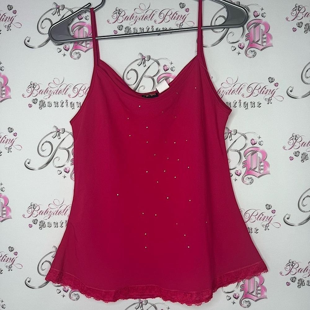 TG USA tank top rhinestone bling diamond crystals cami camisole pink silver lace